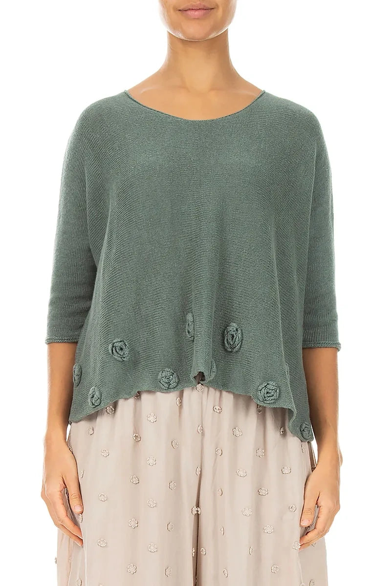 Flowers Decorated Sage Linen Jumper 1