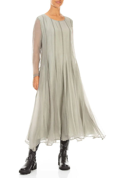 Flowing Olive Grey Silk Chiffon Dress