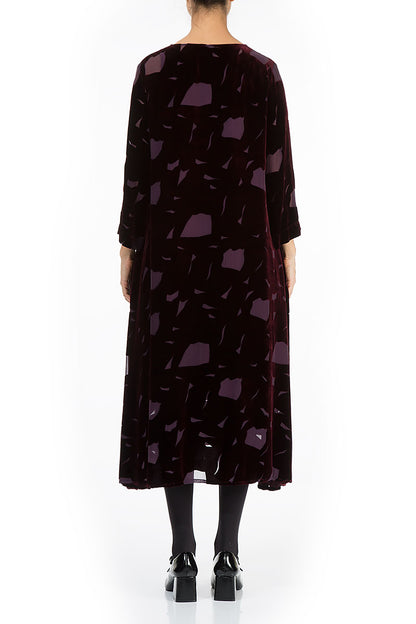 Flowy Abstract Devoré Wine Silk Velvet Midi Dress 2