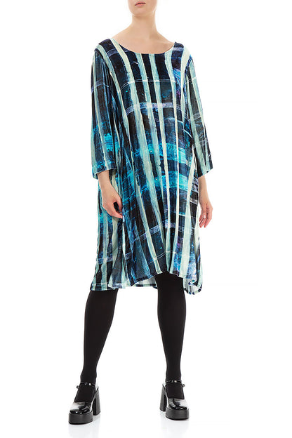 Robe fluide en velours de soie extensible à rayures bleues