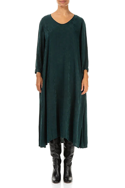 Flowy Peacock Rosette Textured Silk Dress