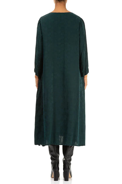 Flowy Peacock Rosette Textured Silk Dress