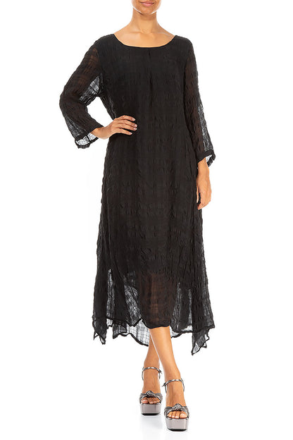 Flowy Tie Up Black Textured Silk Dress 4