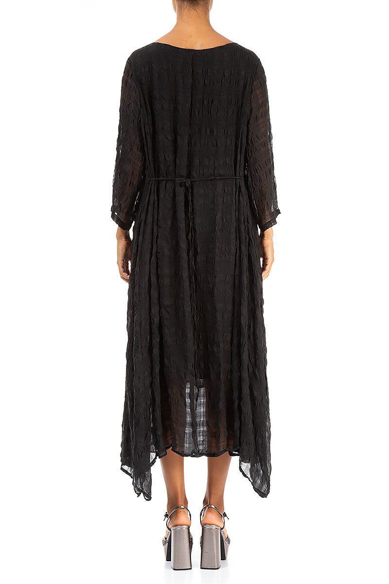 Flowy Tie Up Black Textured Silk Dress 2