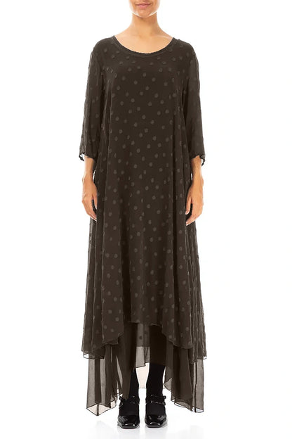 Forest Brown Dotty Silk Maxi Dress 1