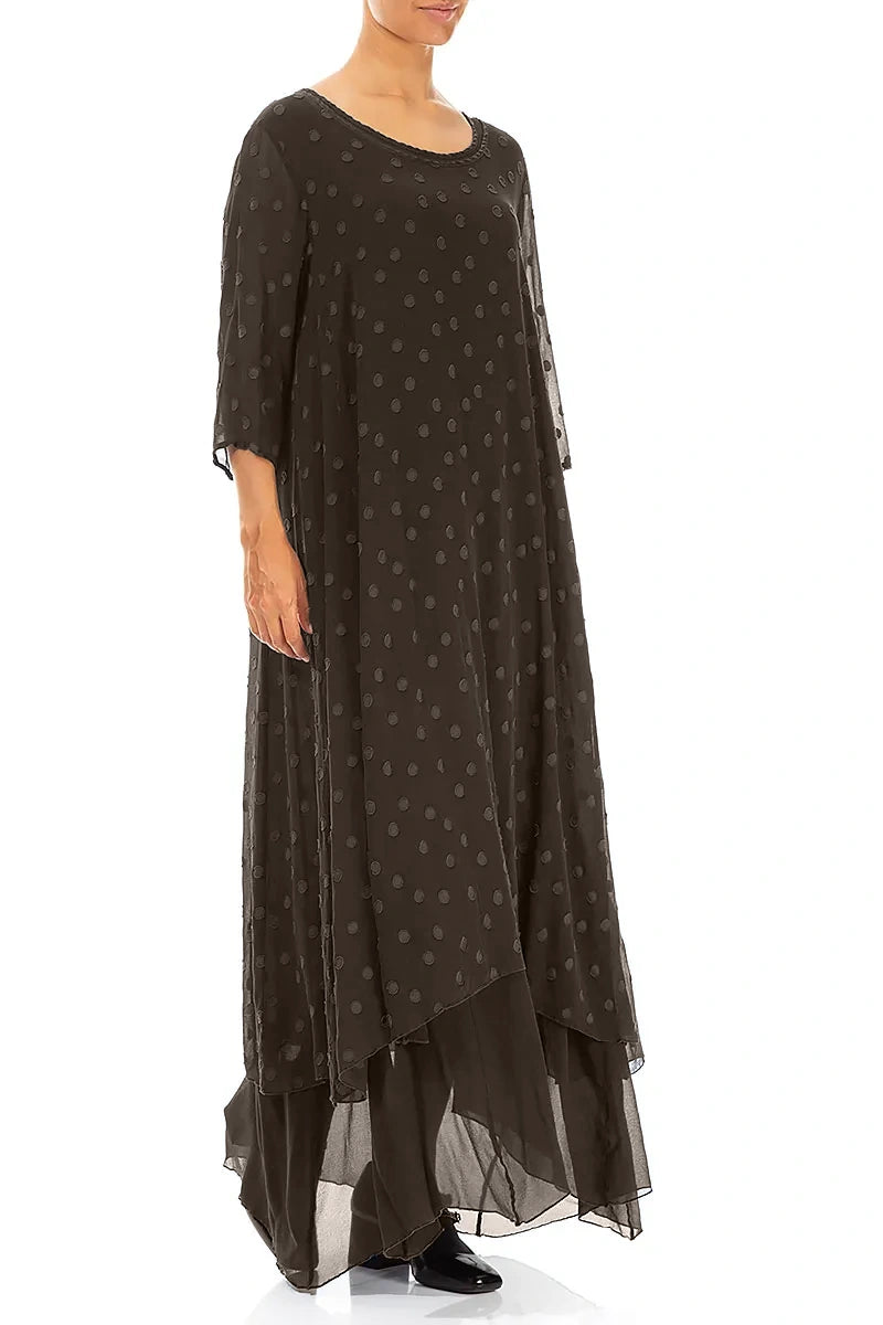 Forest Brown Dotty Silk Maxi Dress 3