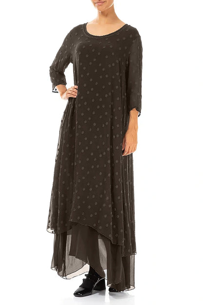 Forest Brown Dotty Silk Maxi Dress 4