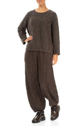 Forest Brown Pleated Silk Linen Blouse 4