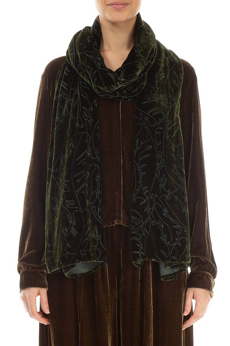 Forest Mist Devoré Feather Silk Velvet Scarf 1