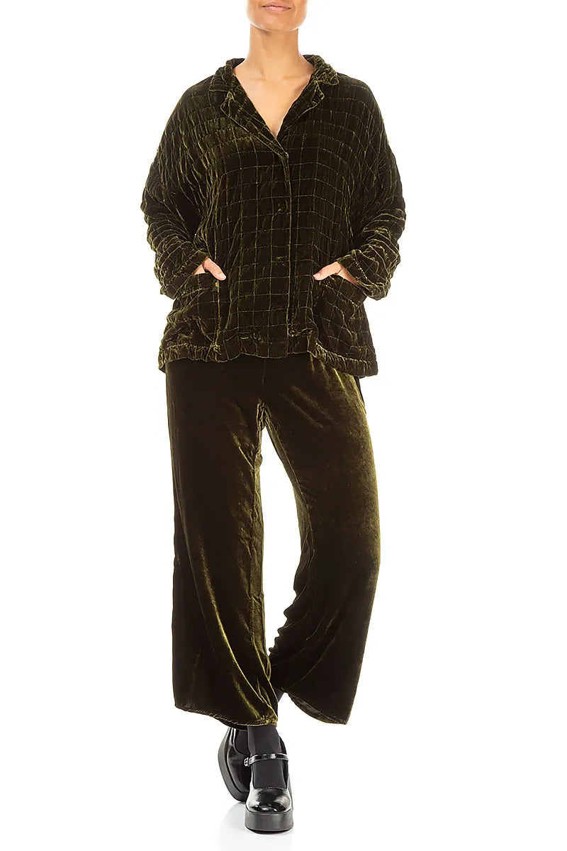 Veste plissée en velours de soie couleur brume de forêt