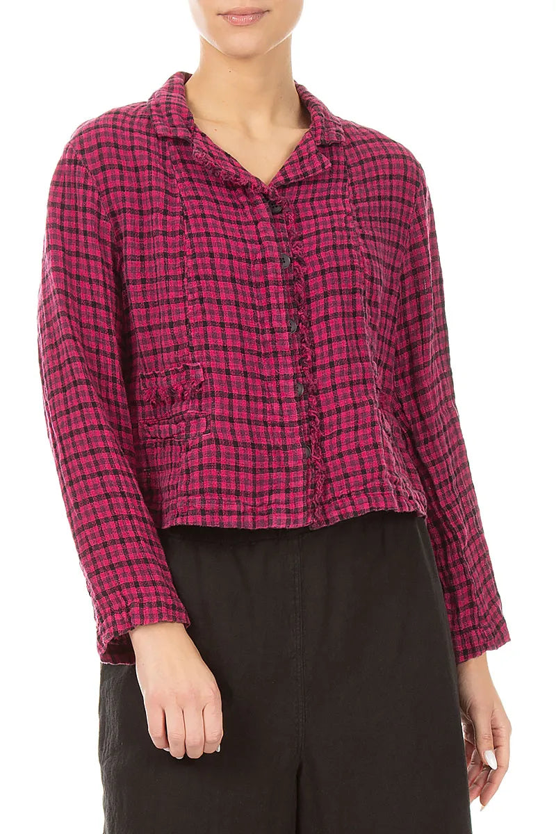 Frayed Edge Fuchsia Heritage Check Linen Jacket 3