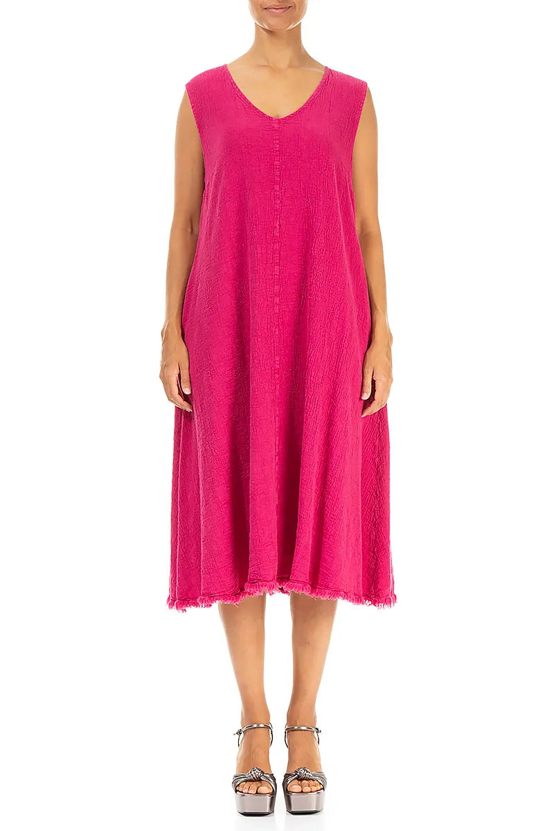Frayed Hem Fuchsia Linen Viscose Dress 1