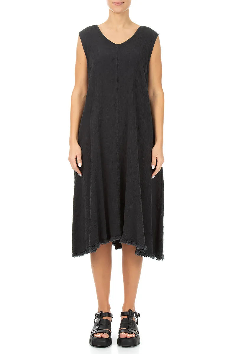 Frayed Hem Graphite Linen Viscose Dress