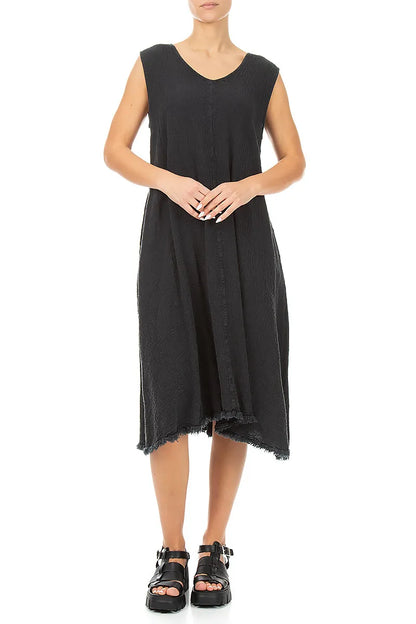 Frayed Hem Graphite Linen Viscose Dress