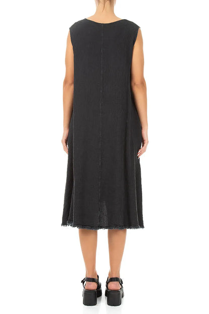 Frayed Hem Graphite Linen Viscose Dress