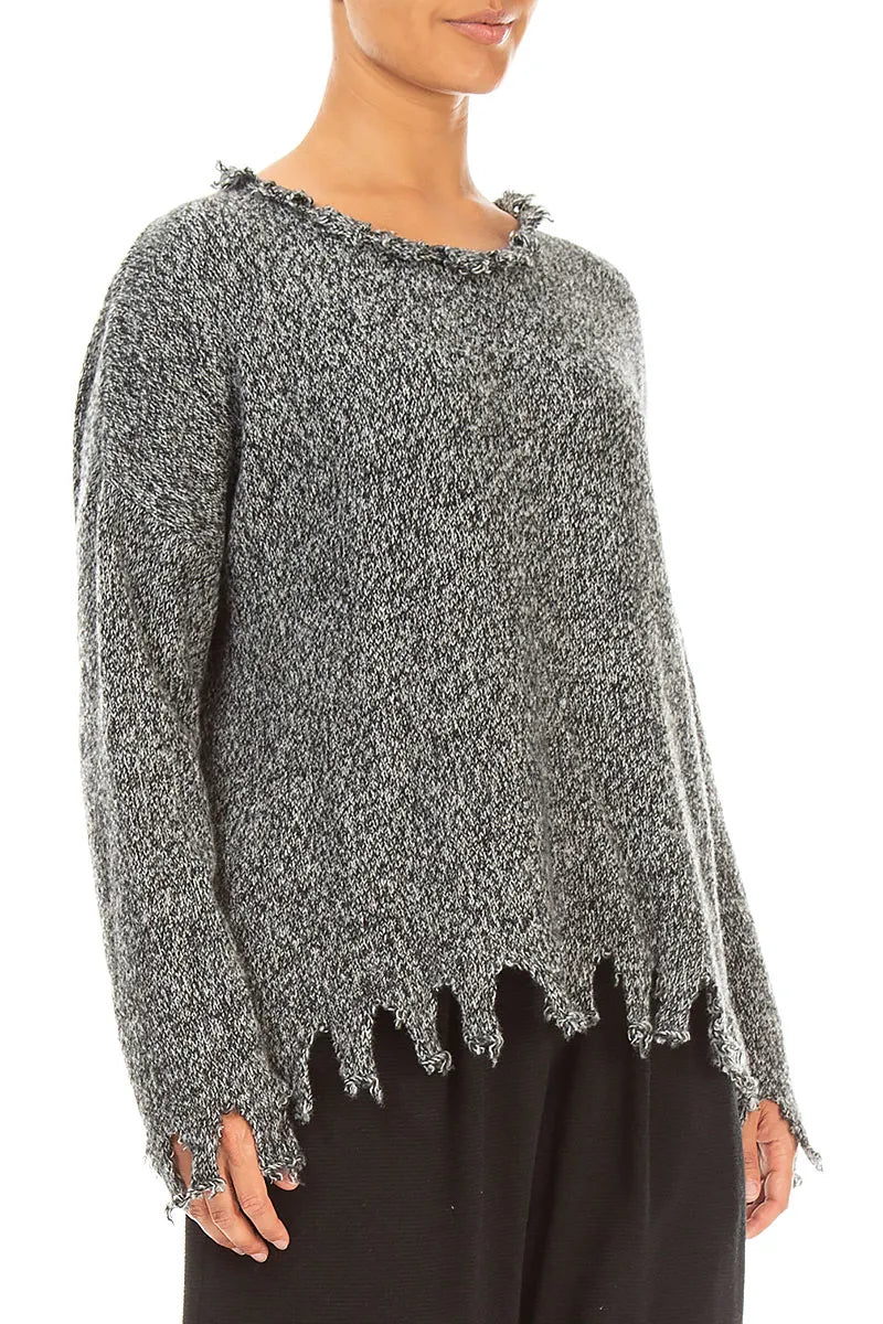 Frayed Hem Grey Mélange Cashmere Sweater 3