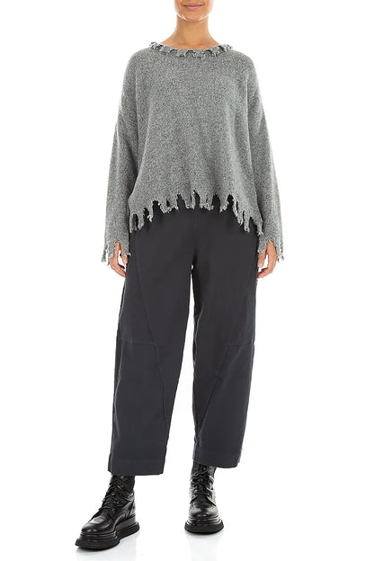 Frayed Hem Light Grey Mélange Cashmere Sweater 4