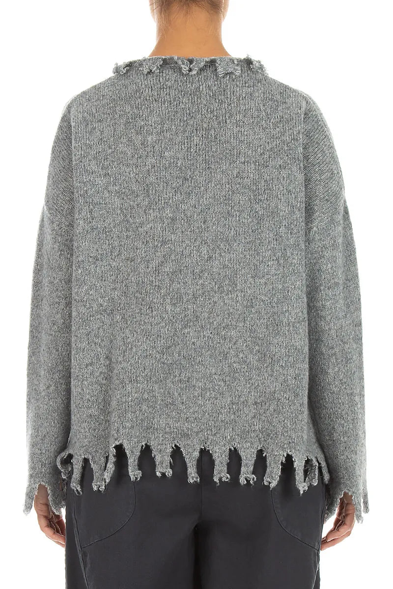 Frayed Hem Light Grey Mélange Cashmere Sweater 2