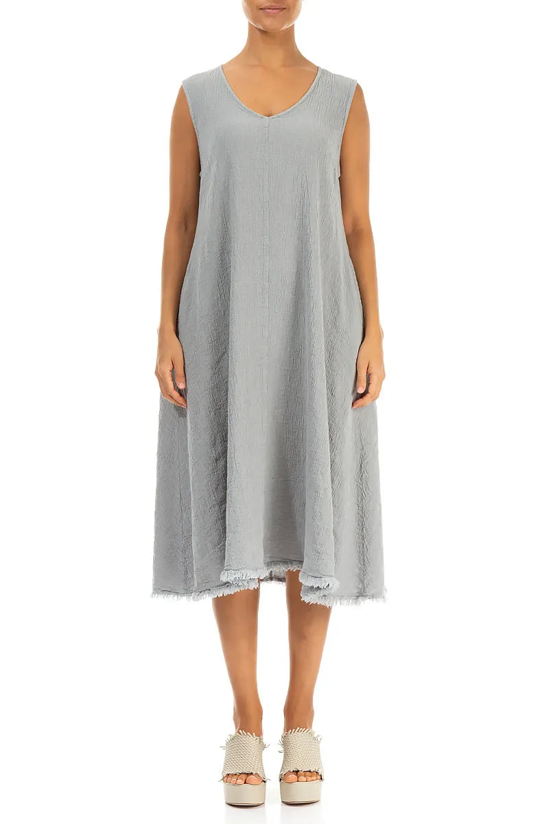 Frayed Hem Silver Grey Linen Viscose Dress 1