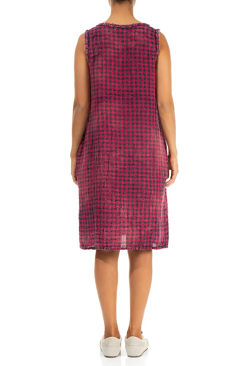 Frayed Neckline Sleeveless Magenta Watercolour Check Linen Dress 2