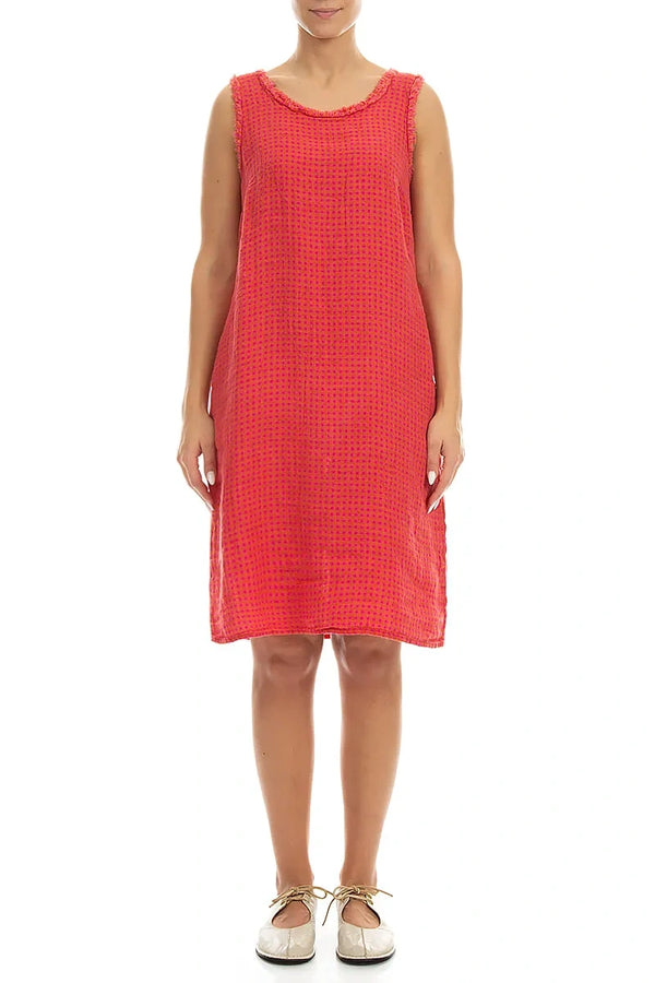 Frayed Neckline Sleeveless Pink Orange Check Linen Dress 1