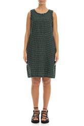 Frayed Neckline Sleeveless Sage Heritage Check Linen Dress 1