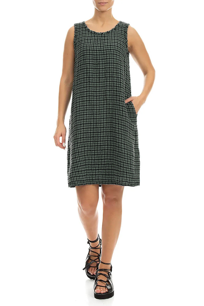 Frayed Neckline Sleeveless Sage Heritage Check Linen Dress 4