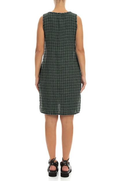 Frayed Neckline Sleeveless Sage Heritage Check Linen Dress 2