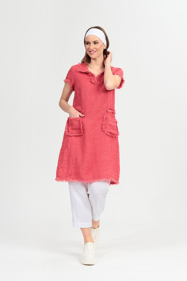 Frayed Pink Orange Check Linen Dress 1