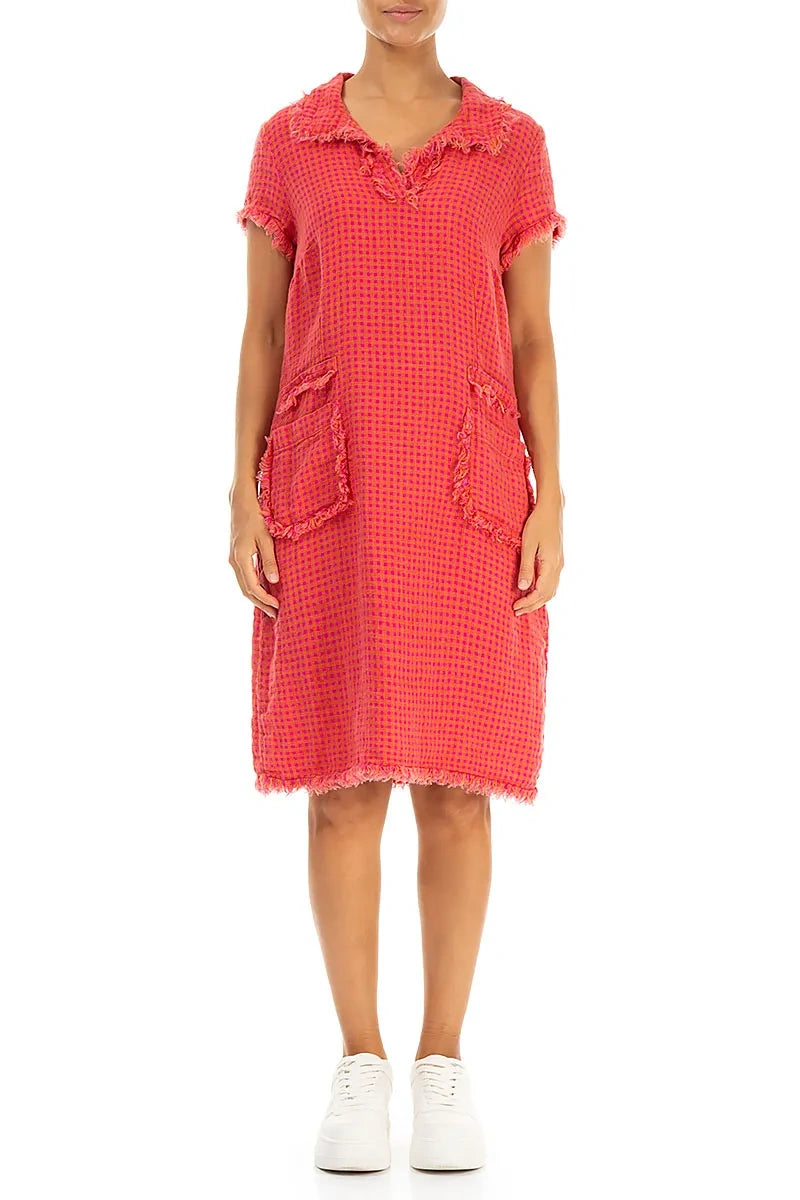 Frayed Pink Orange Check Linen Dress 2
