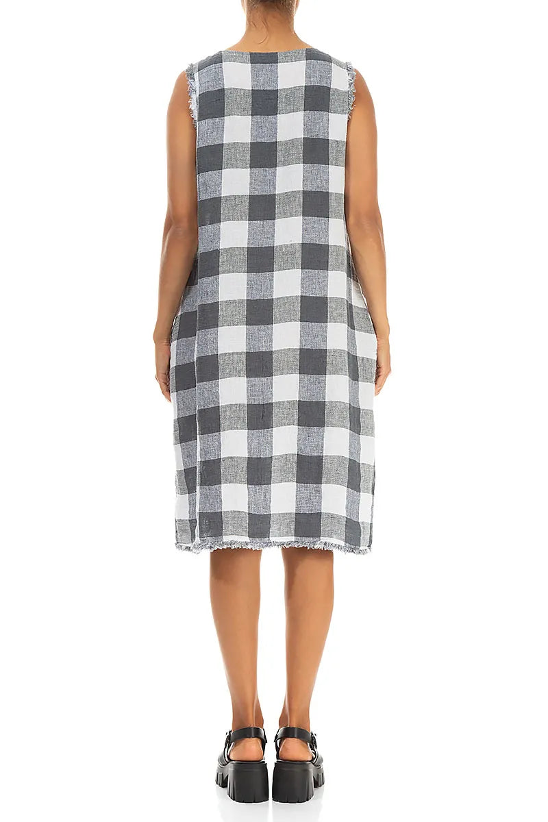 Frayed Sleeveless White Large Check Linen Dress