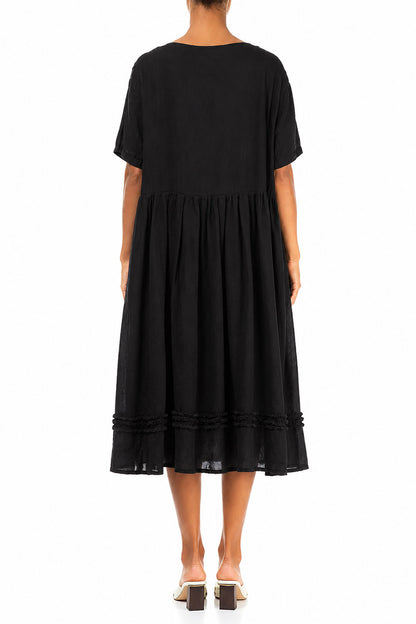 Frill Black Gauze Linen Dress 2