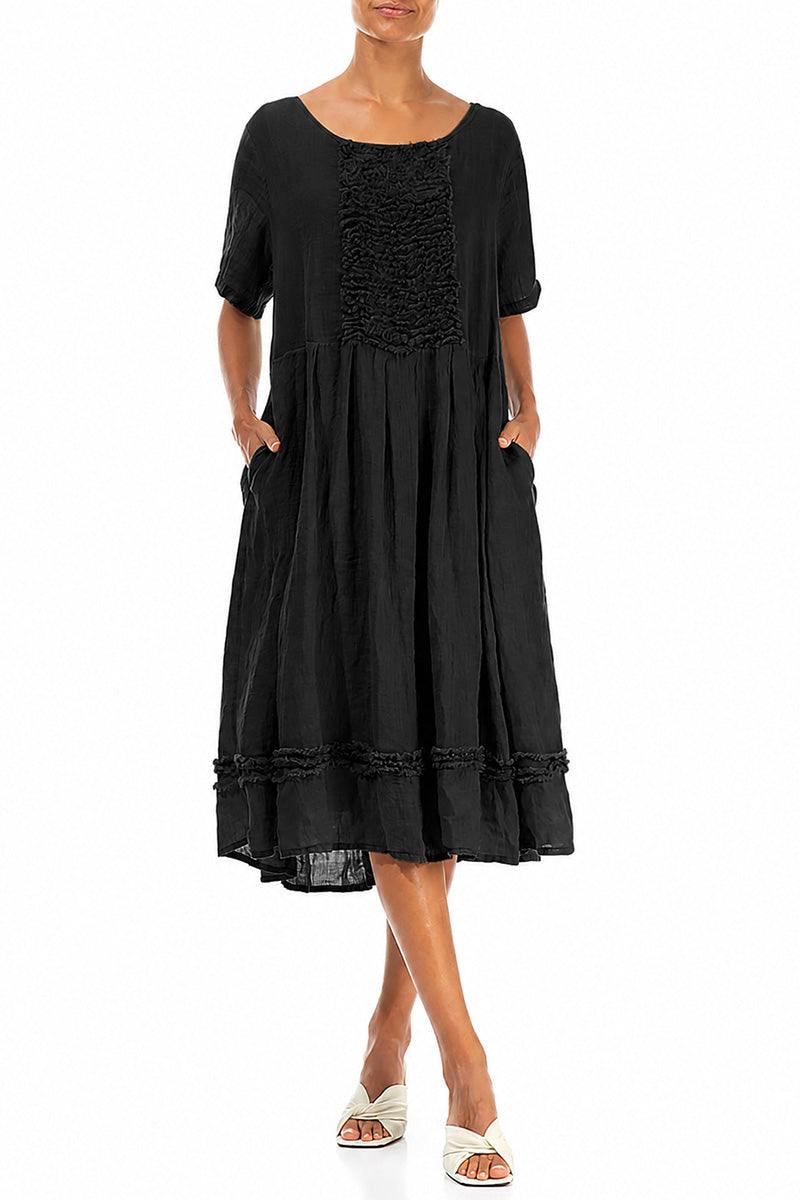 Frill Black Gauze Linen Dress 4