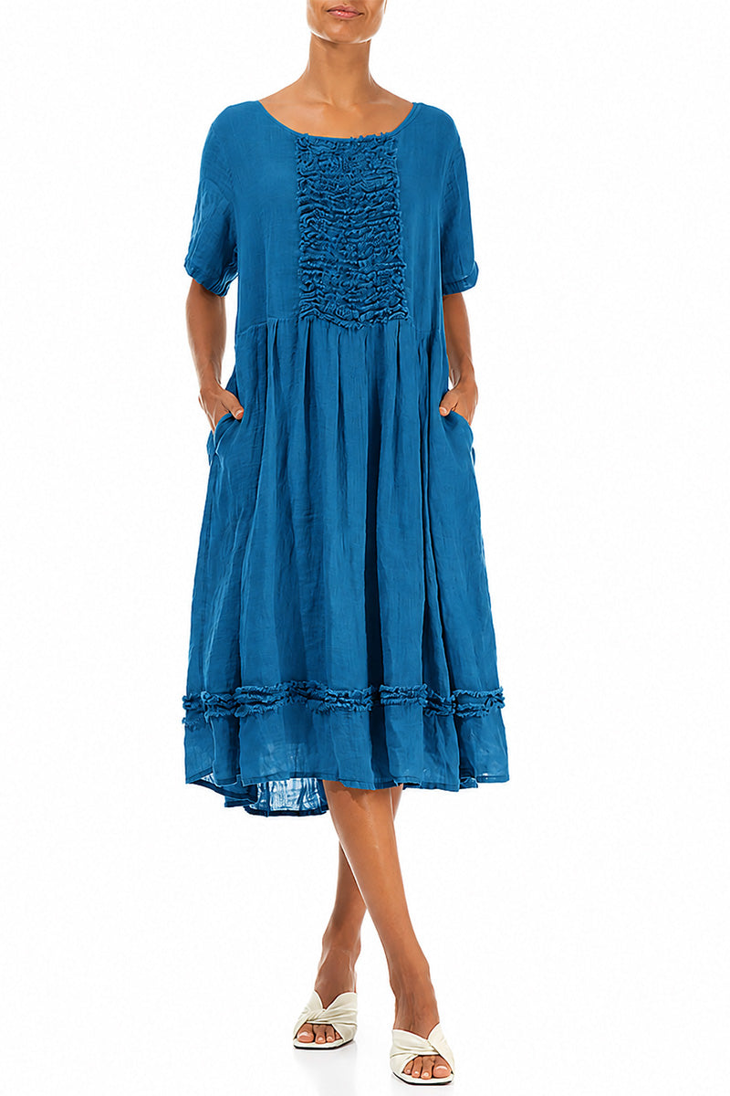 Frill Cobalt Blue Gauze Linen Dress 4