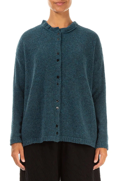 Türkisfarbener Wollcardigan mit Rüschenkragen