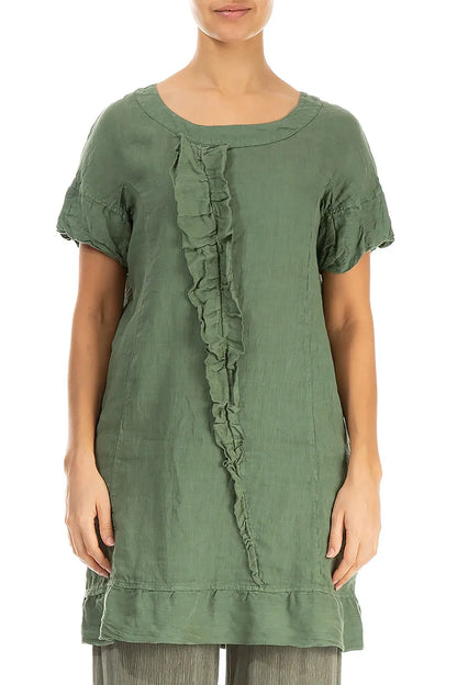 Frill Detail Green Linen Tunic Dress 1