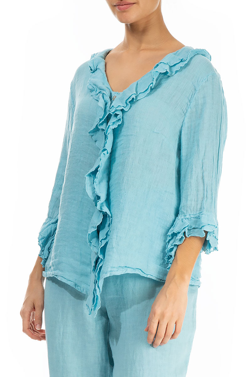 Frilled Ice Blue Linen Blouse 3