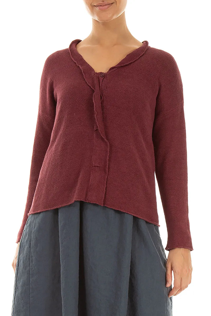 Cardigan aus Leinen mit Rüschen und antikroten Details