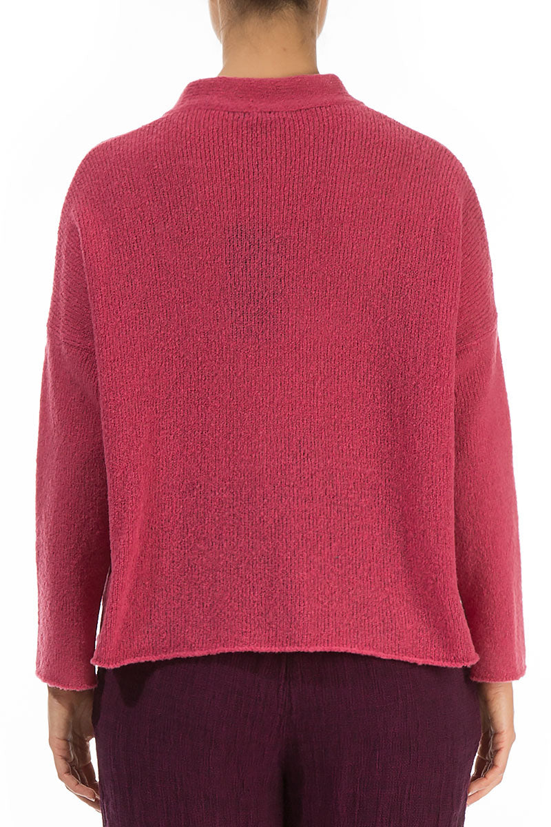 Strickjacke aus Wolle mit Rüschenkragen in Pink Punch