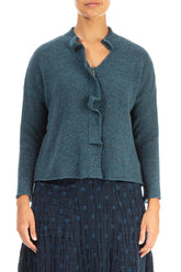 Frilled Neck Teal Wool Cardigan 1