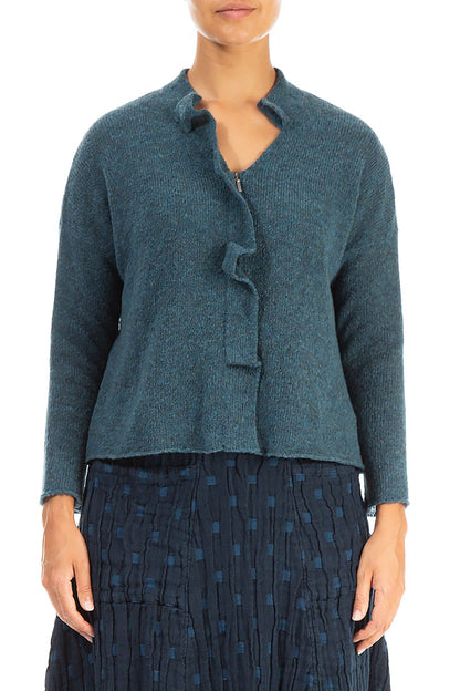 Frilled Neck Teal Wool Cardigan 1