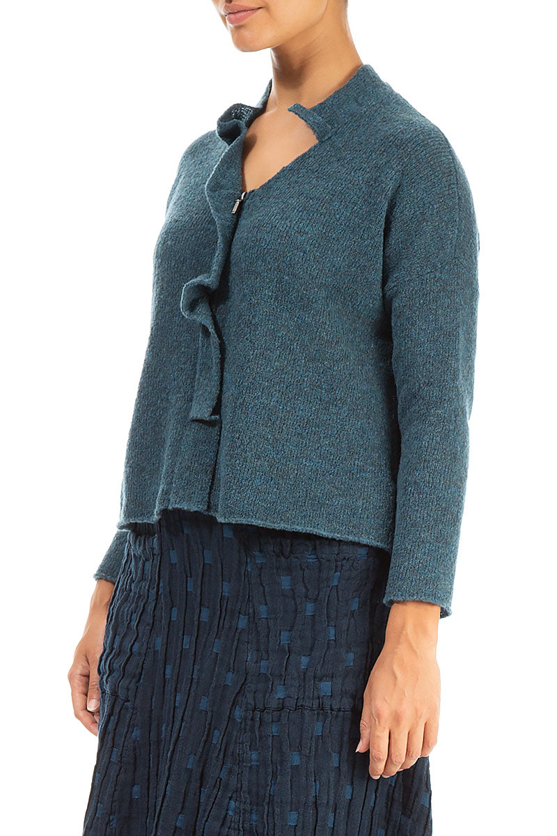 Frilled Neck Teal Wool Cardigan 3