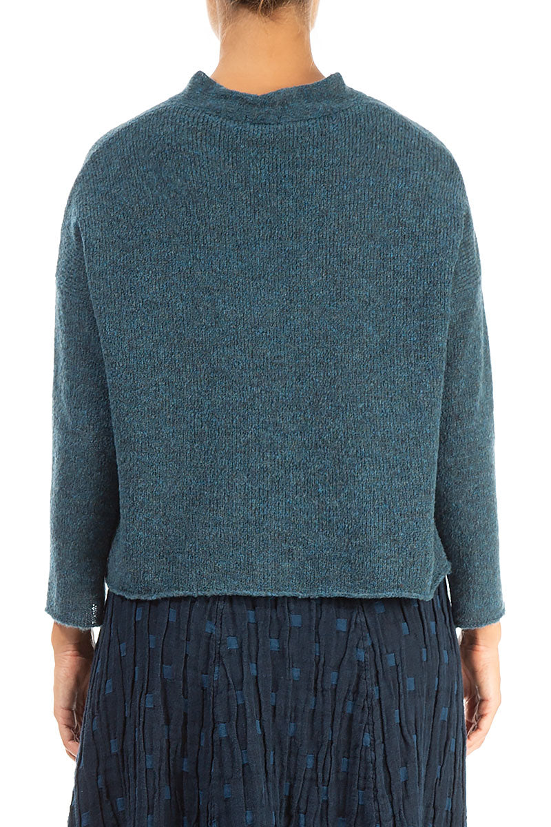 Frilled Neck Teal Wool Cardigan 2