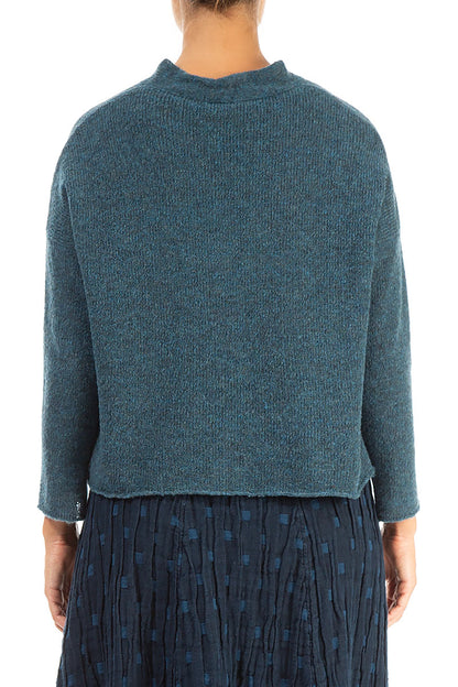 Frilled Neck Teal Wool Cardigan 2