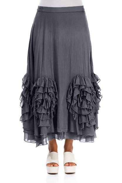 Frilly Flower Graphite Silk Cotton Maxi Skirt 1