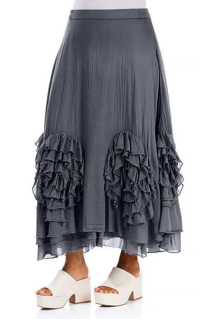 Frilly Flower Graphite Silk Cotton Maxi Skirt 3
