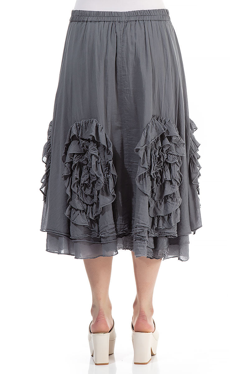 Frilly Flower Storm Grey Silk Cotton Midi Skirt 2