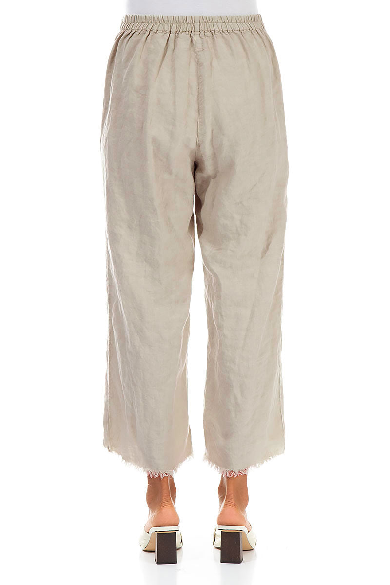 Fringed Flared Beige Linen Trousers