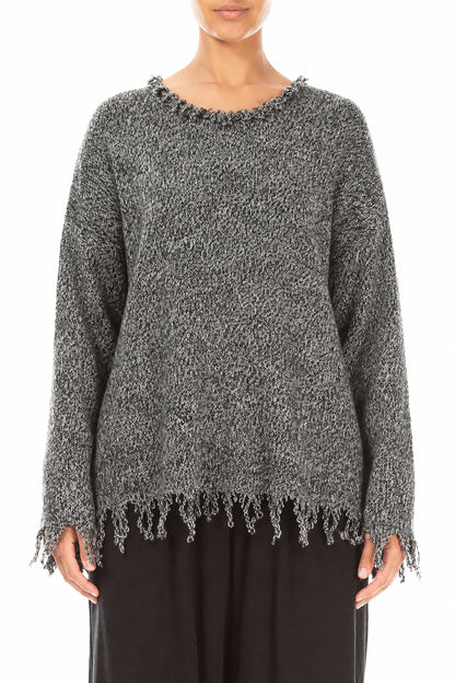 Fringed Grey Mélange Cashmere Sweater 1