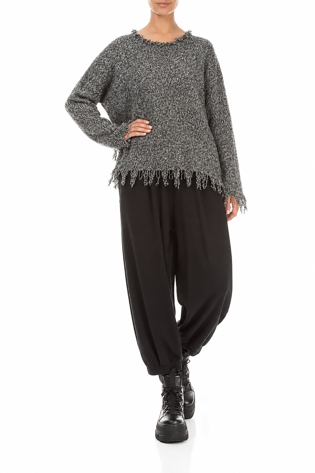 Fringed Grey Mélange Cashmere Sweater 4